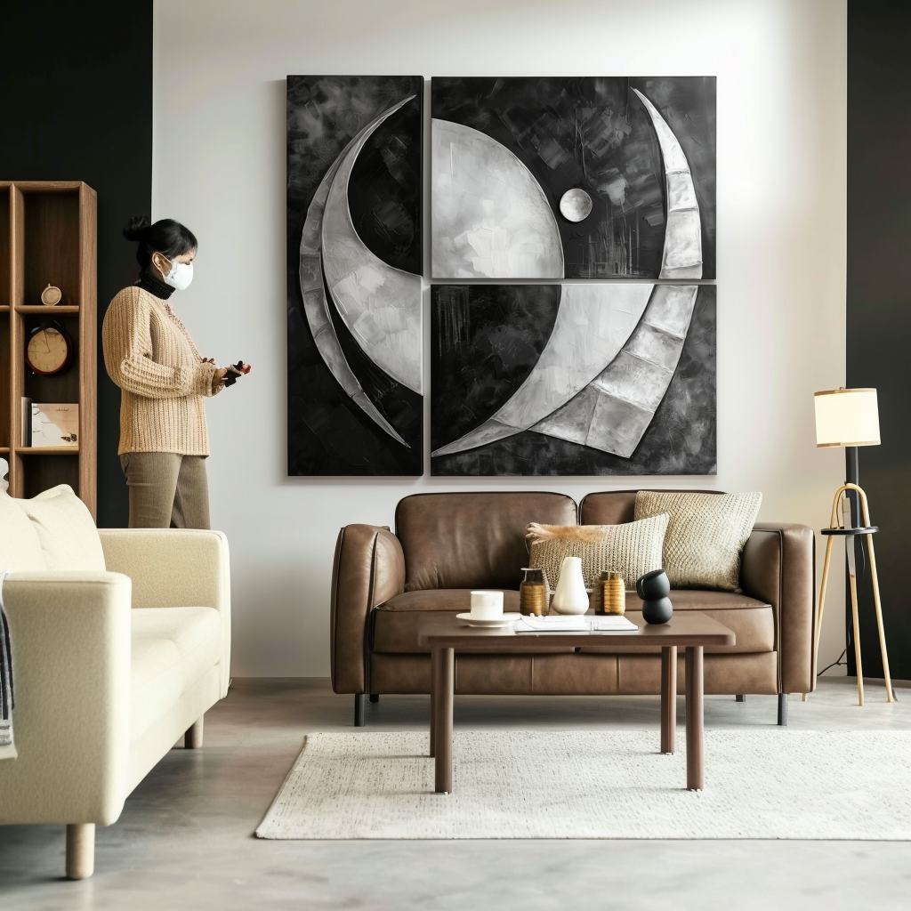Lunar Drift-Black and White Abstract Geometric Oil Painting, 3 - Panel Modern Wall Art for Home Decoration