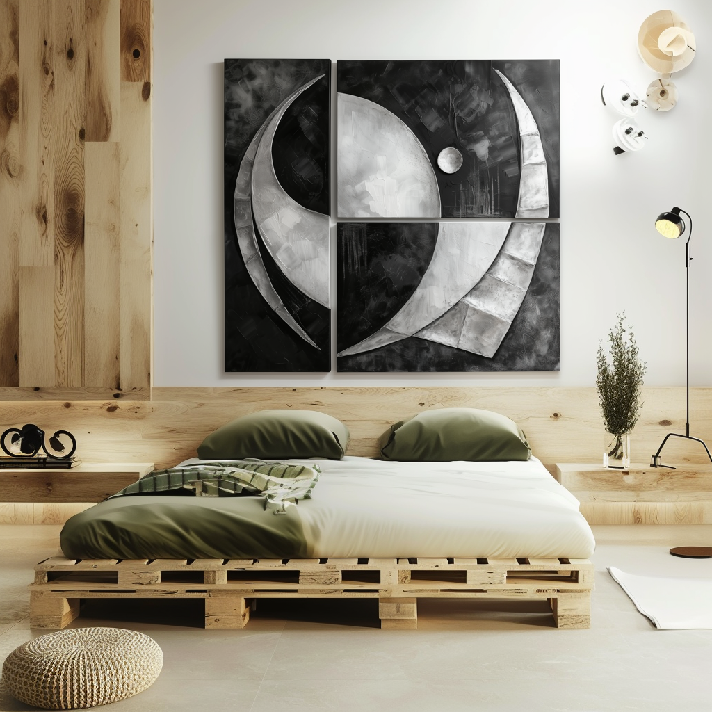 Lunar Drift-Black and White Abstract Geometric Oil Painting, 3 - Panel Modern Wall Art for Home Decoration