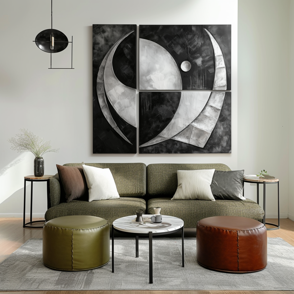 Lunar Drift-Black and White Abstract Geometric Oil Painting, 3 - Panel Modern Wall Art for Home Decoration