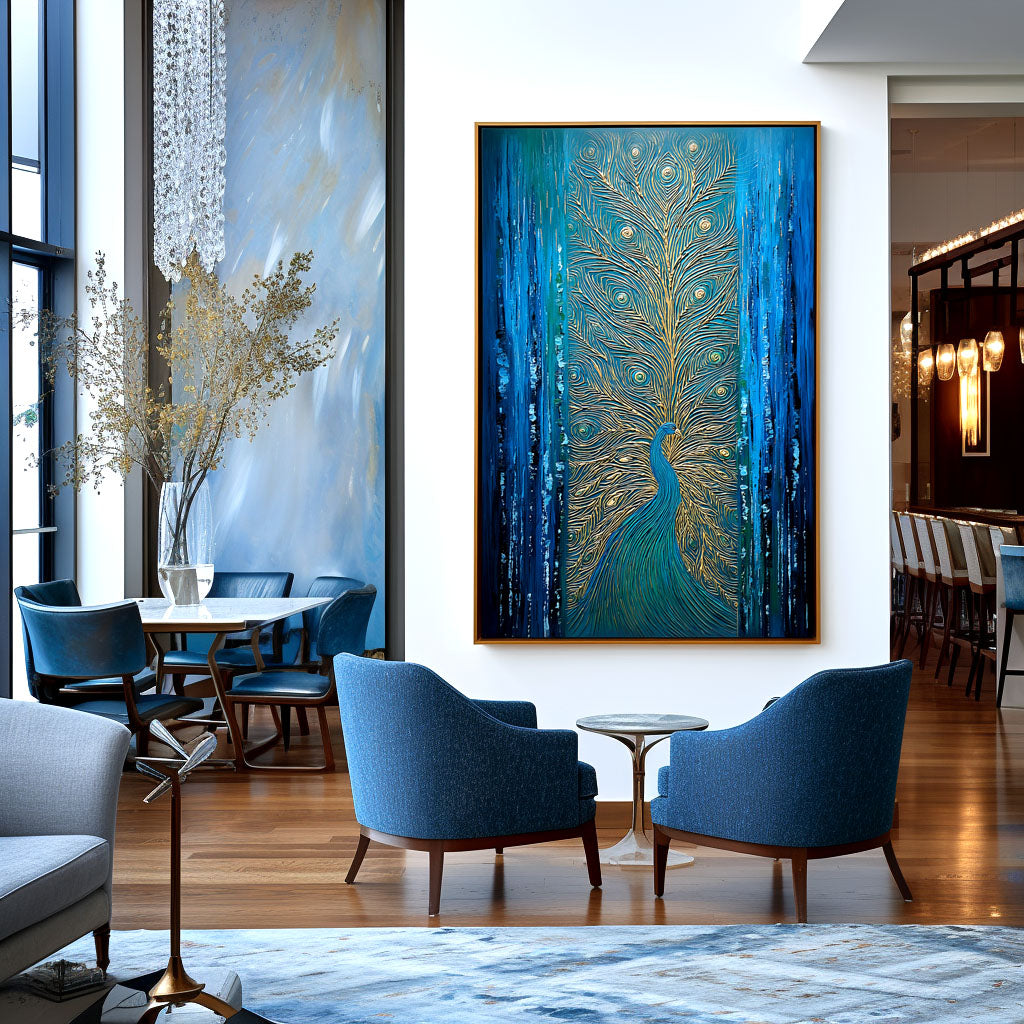 Majestic Gleam - Textured Blue and Gold Peacock Oil Painting