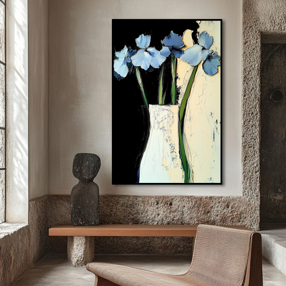 Midnight Petals - Blue Floral Oil Painting Modern Abstract Vase Wall Art