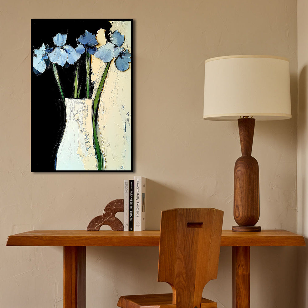 Midnight Petals - Blue Floral Oil Painting Modern Abstract Vase Wall Art