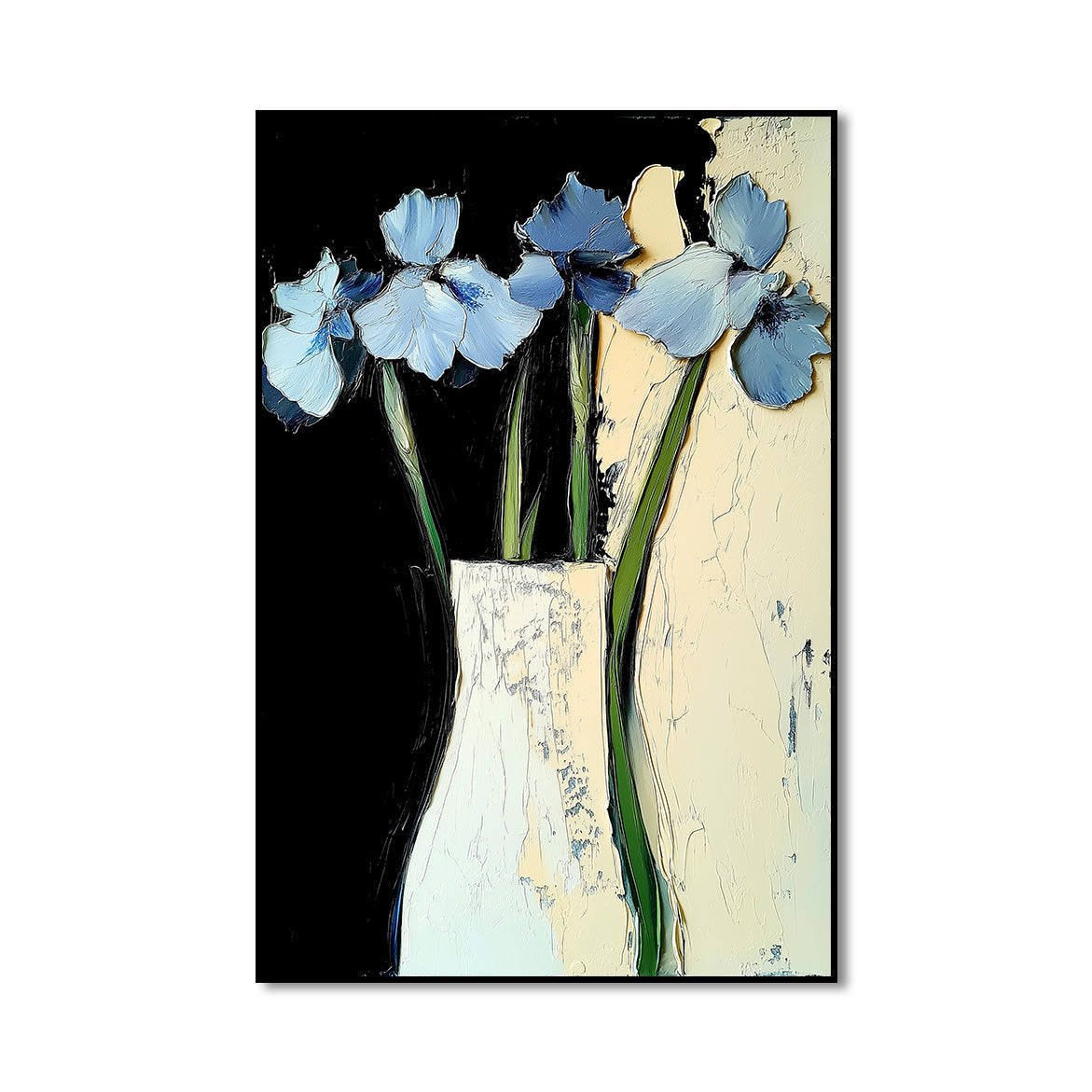 Midnight Petals - Blue Floral Oil Painting Modern Abstract Vase Wall Art