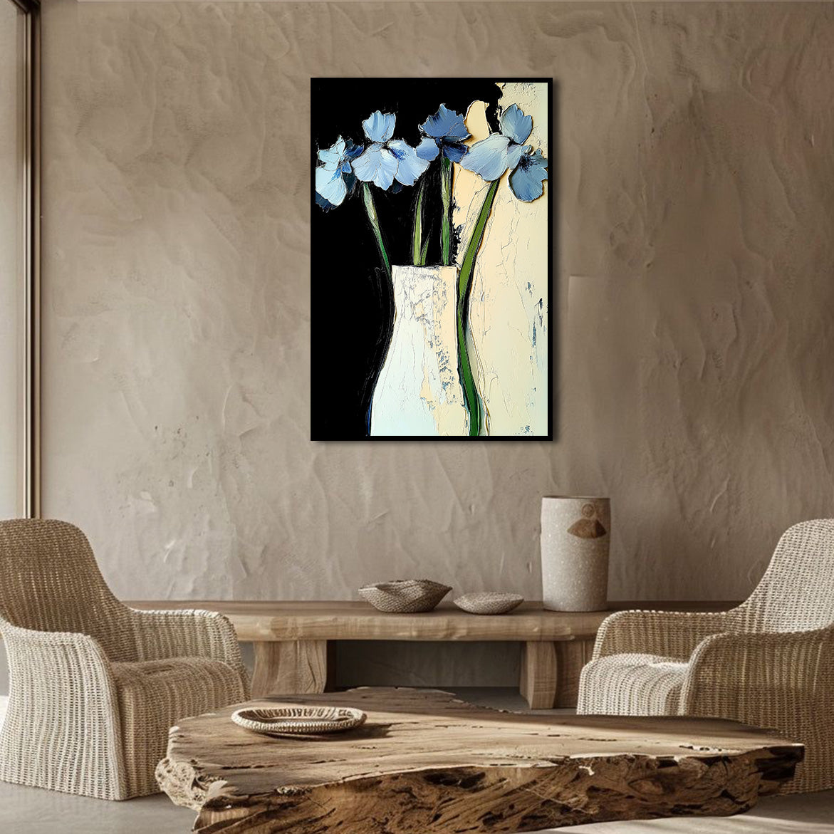 Midnight Petals - Blue Floral Oil Painting Modern Abstract Vase Wall Art