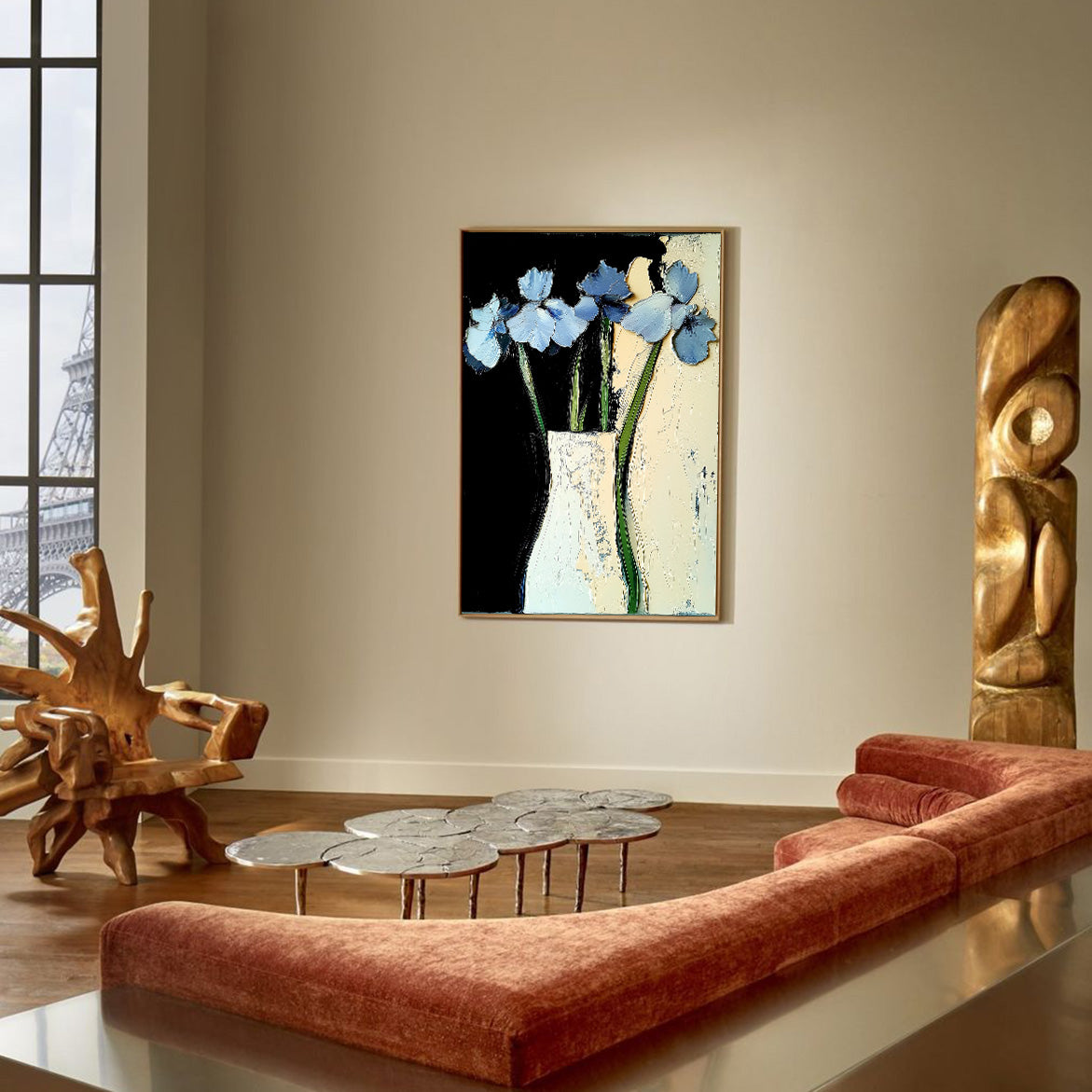 Midnight Petals - Blue Floral Oil Painting Modern Abstract Vase Wall Art