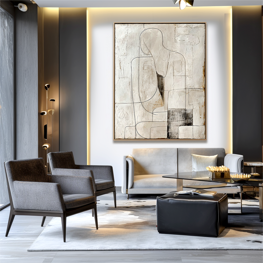 Minimalist Abstract Figure Oil Painting - Textured Neutral Wall Art