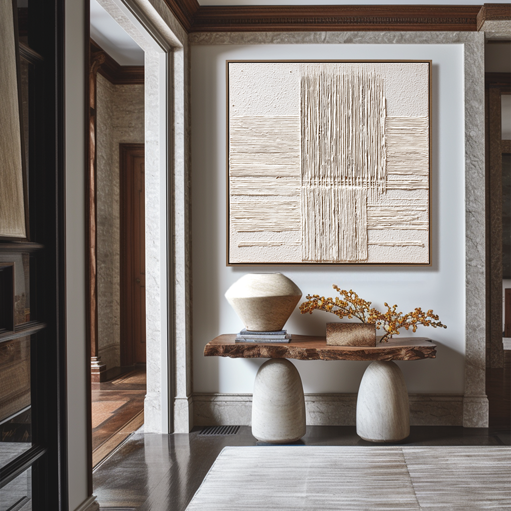 Minimalist Neutral Textured Wall Art – Vertical Line Abstract Canvas Painting