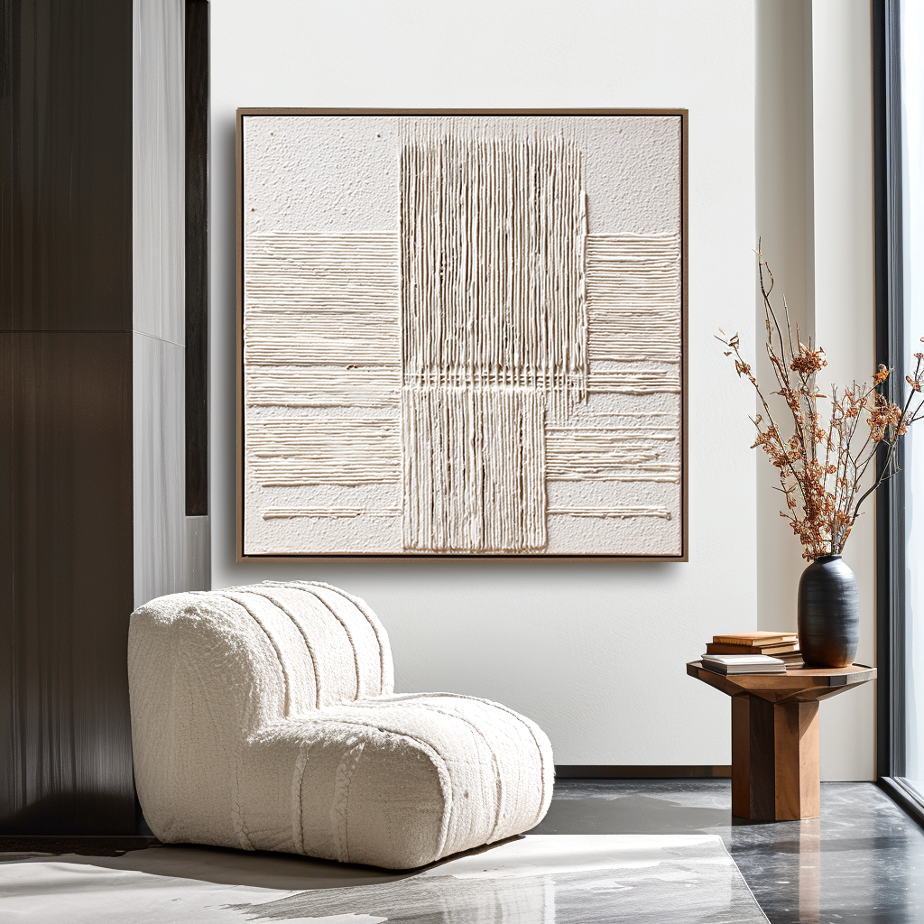 Minimalist Neutral Textured Wall Art – Vertical Line Abstract Canvas Painting