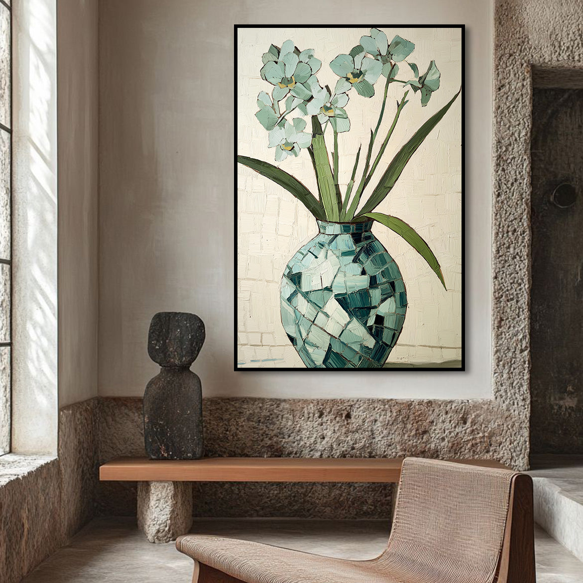 Mint Bloom - Textured Flower Vase Painting Hand-Painted Green Orchid Wall Art