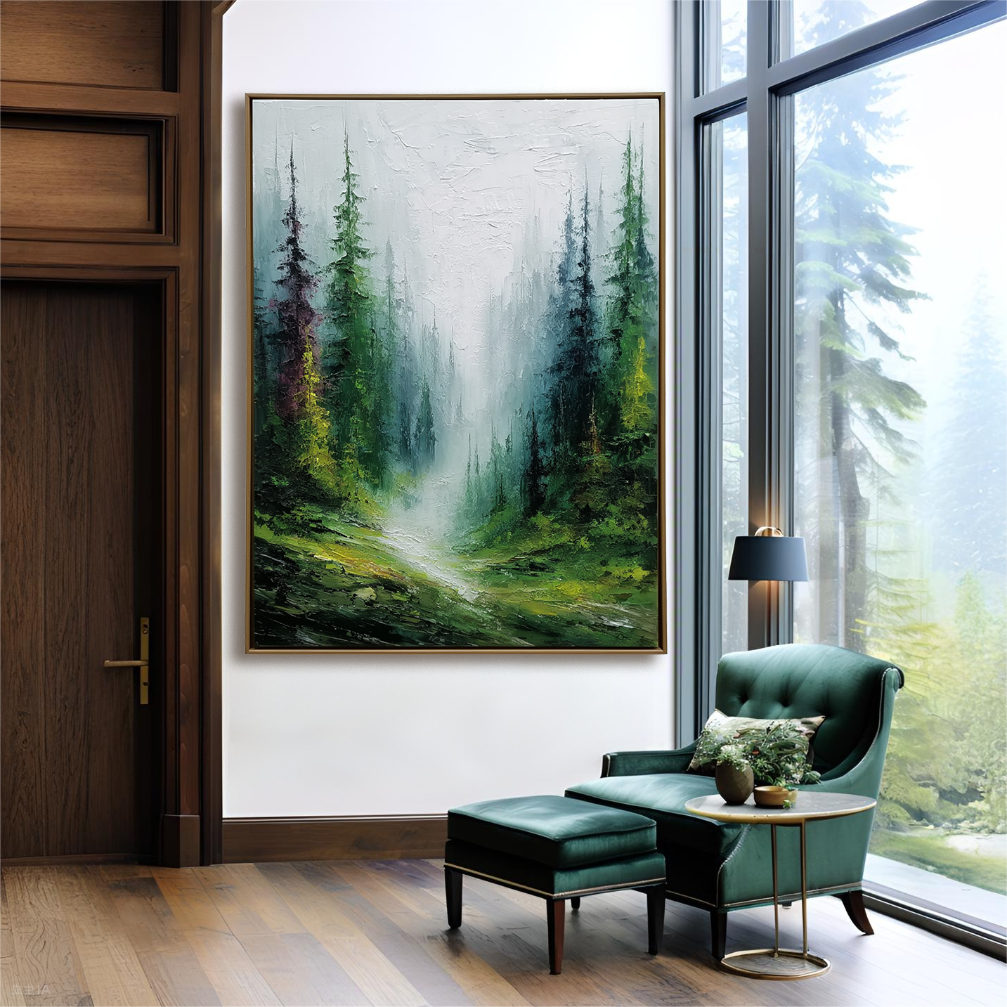 Misty Forest Landscape Oil Painting - Large Nature Wall Art