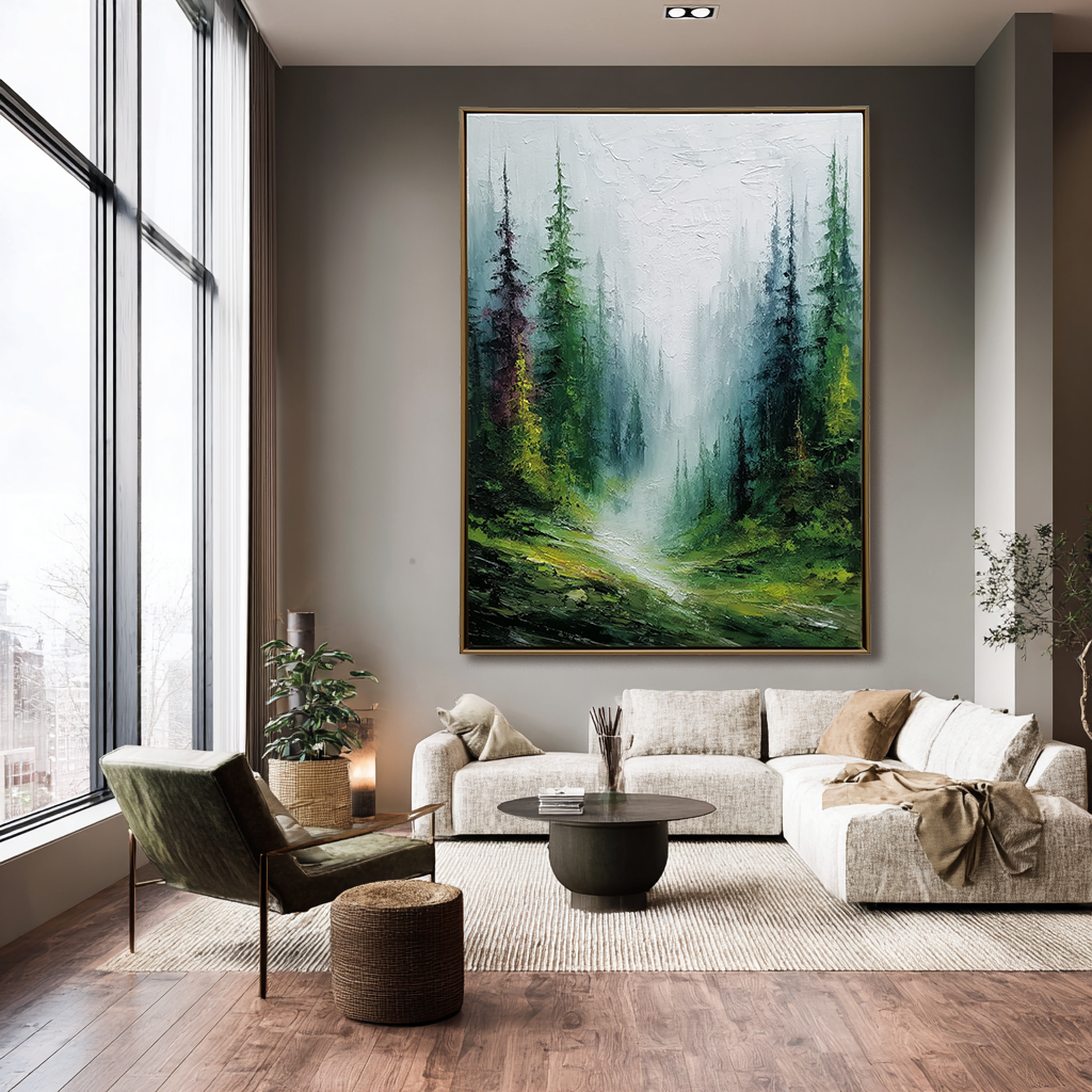 Misty Forest Landscape Oil Painting - Large Nature Wall Art