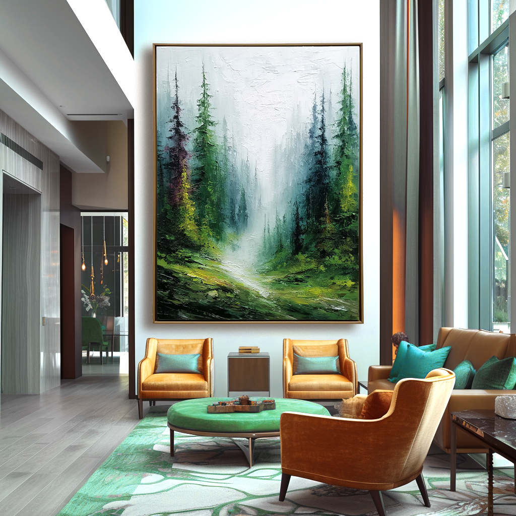 Misty Forest Landscape Oil Painting - Large Nature Wall Art