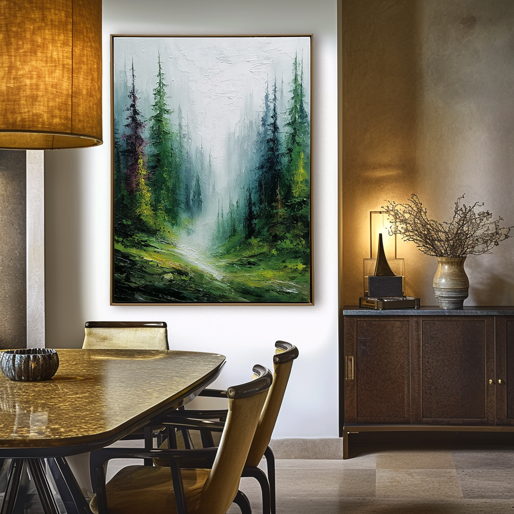 Misty Forest Landscape Oil Painting - Large Nature Wall Art