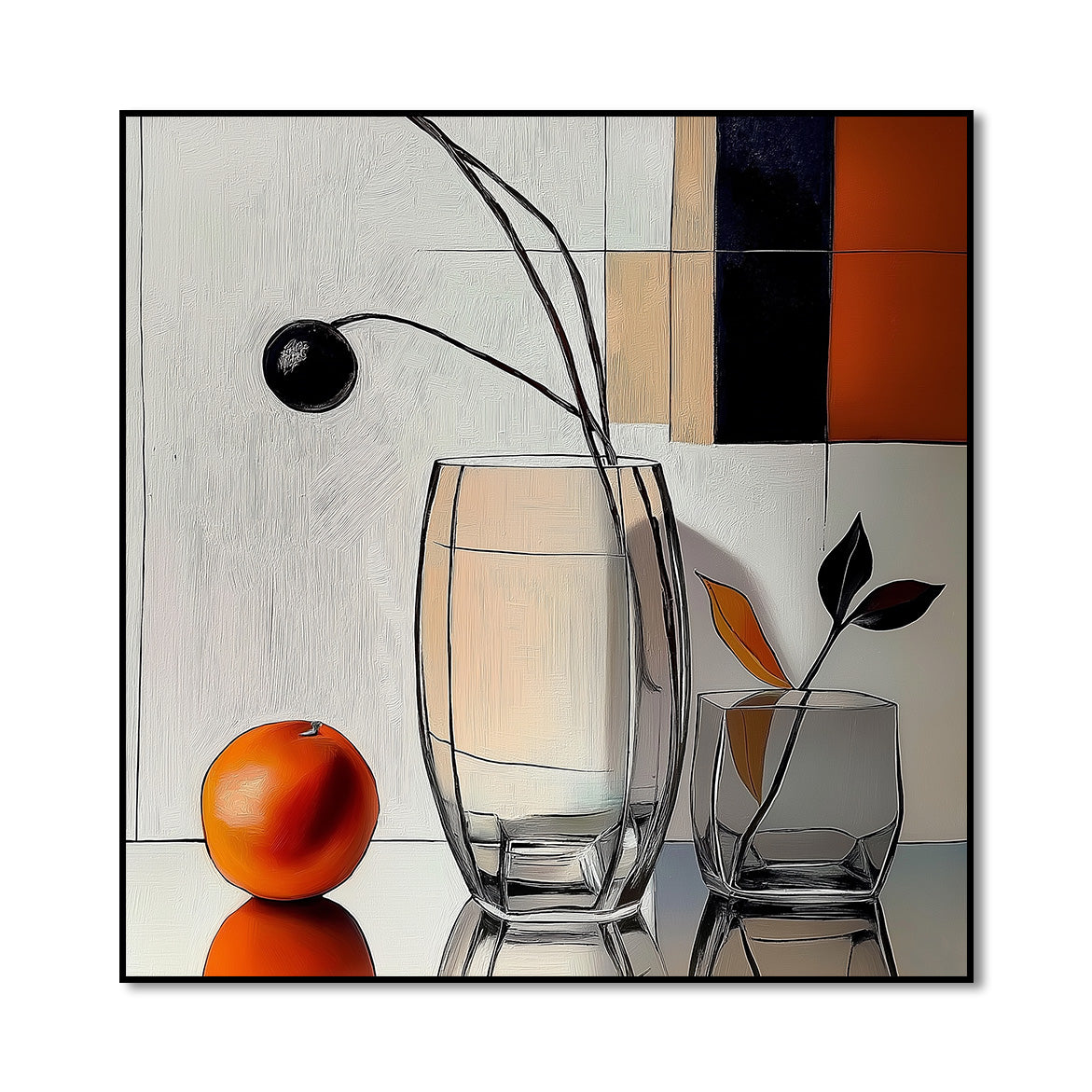 Modern Still - Modern Abstract Still Life Painting Glass Vase and Orange Wall Art