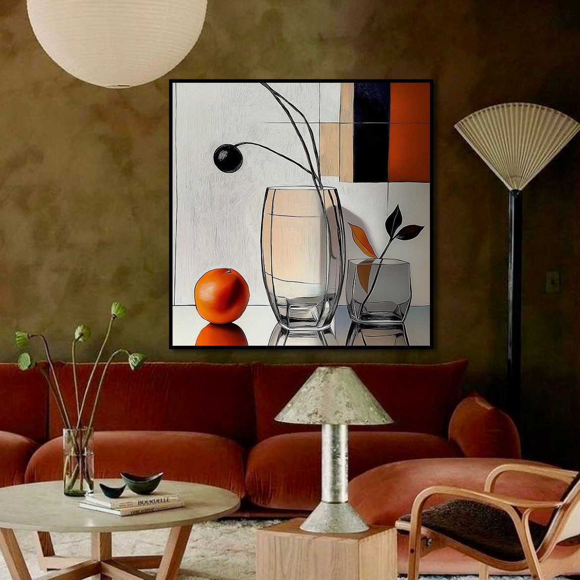 Modern Still - Modern Abstract Still Life Painting Glass Vase and Orange Wall Art
