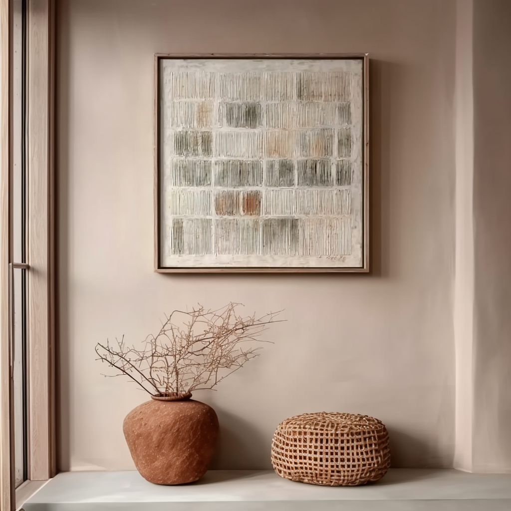 Modern Textured Grid Wall Art – Neutral Abstract Canvas Painting