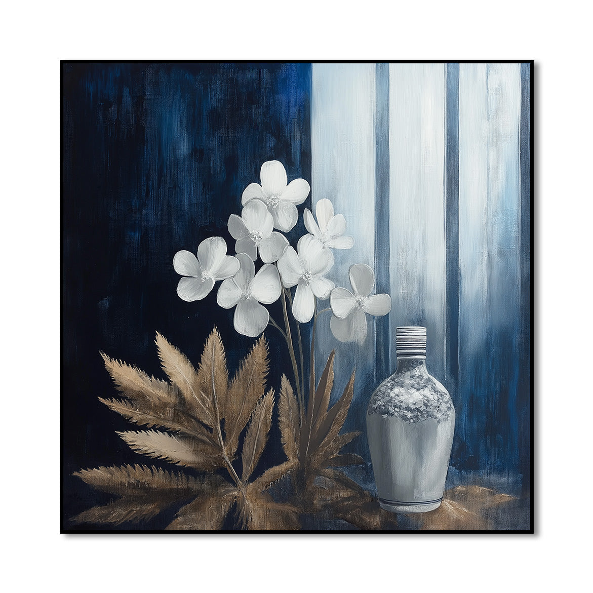 Moonlit Stillness - Modern Blue Gold Floral Still Life Painting Square Abstract Wall Art