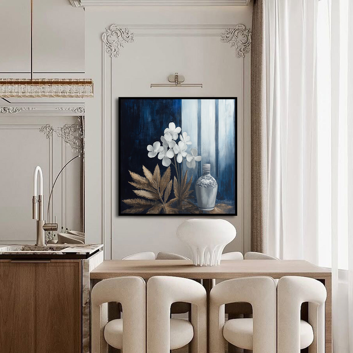 Moonlit Stillness - Modern Blue Gold Floral Still Life Painting Square Abstract Wall Art