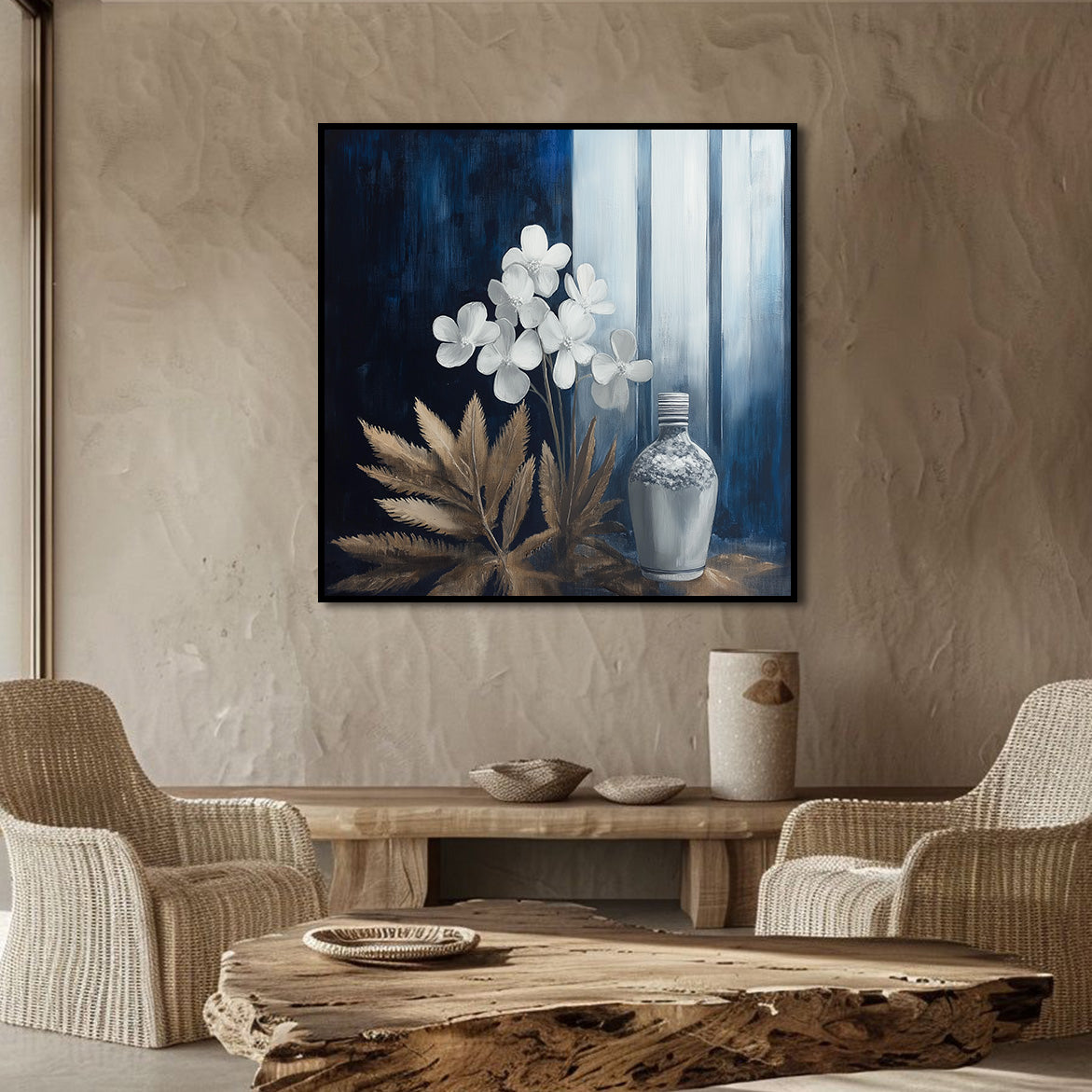Moonlit Stillness - Modern Blue Gold Floral Still Life Painting Square Abstract Wall Art