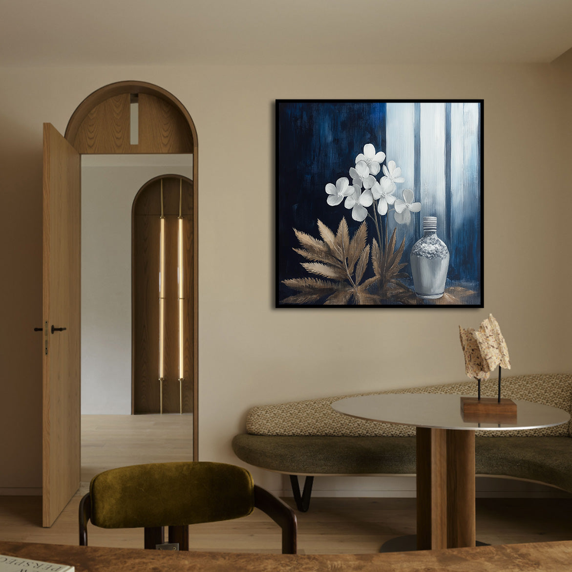 Moonlit Stillness - Modern Blue Gold Floral Still Life Painting Square Abstract Wall Art