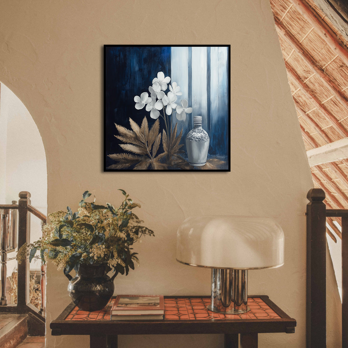 Moonlit Stillness - Modern Blue Gold Floral Still Life Painting Square Abstract Wall Art