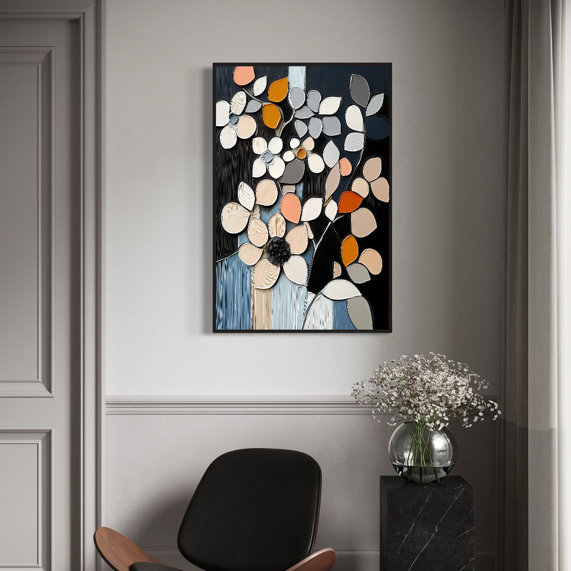 Mosaic Bloom - Textured Floral Abstract Art Beige and Orange Blossoms on Black Canvas