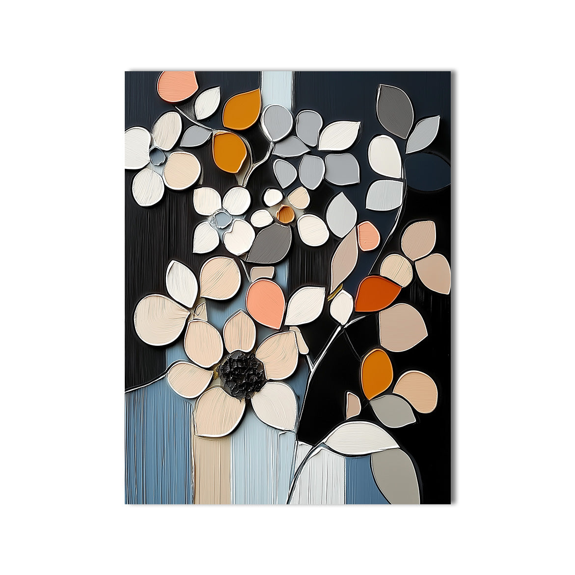 Mosaic Bloom - Textured Floral Abstract Art Beige and Orange Blossoms on Black Canvas