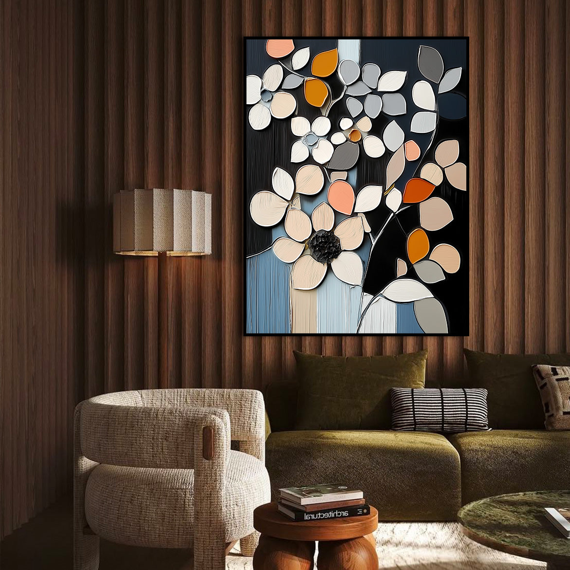 Mosaic Bloom - Textured Floral Abstract Art Beige and Orange Blossoms on Black Canvas