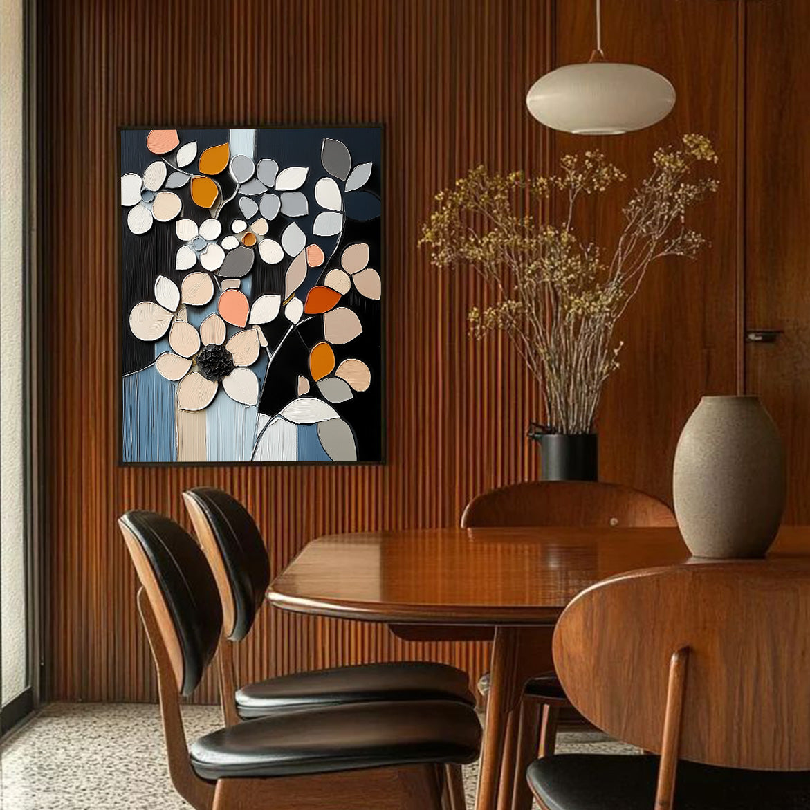 Mosaic Bloom - Textured Floral Abstract Art Beige and Orange Blossoms on Black Canvas