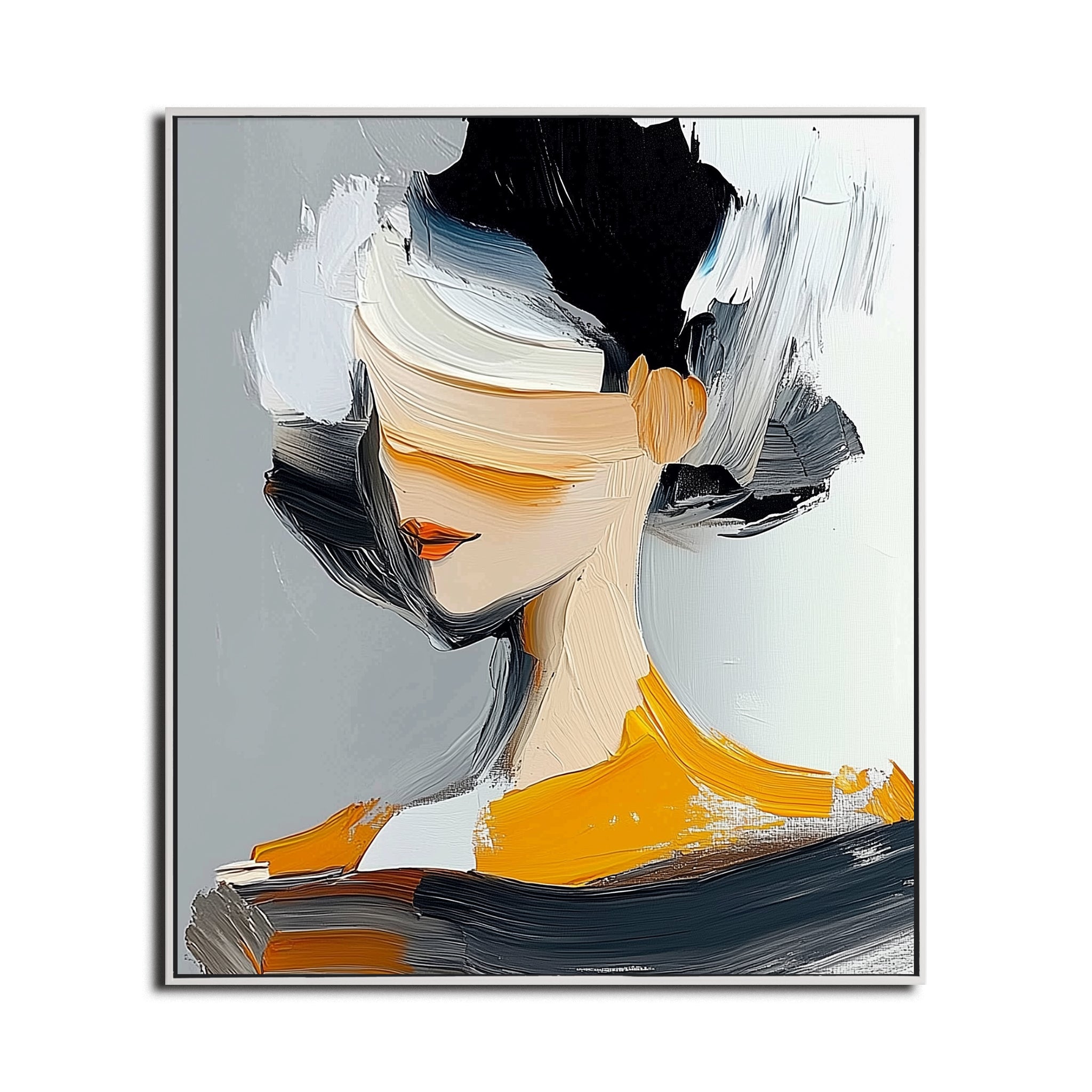 Abstract female portrait painting with thick textured brushstrokes and neutral tones, modern canvas wall art.