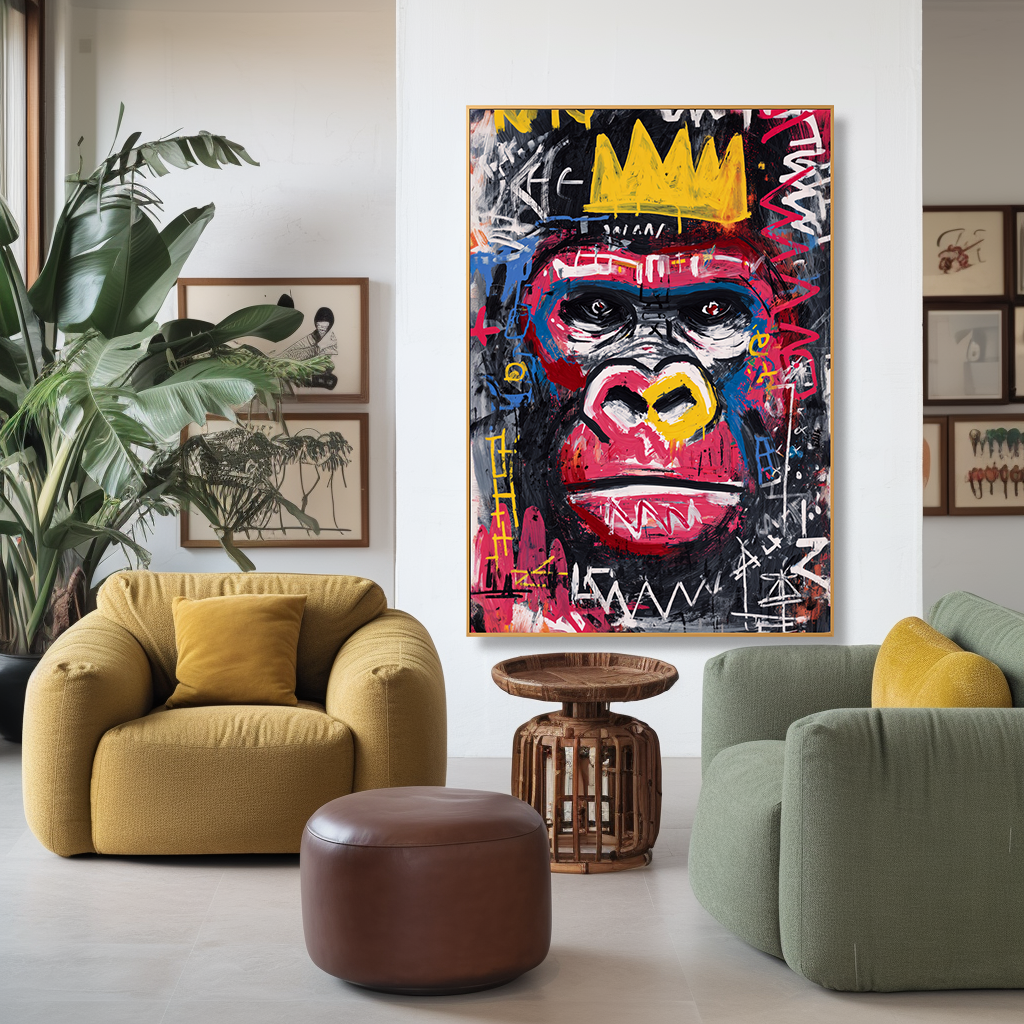Neon King - Contemporary Crowned Gorilla Portrait Oil Painting