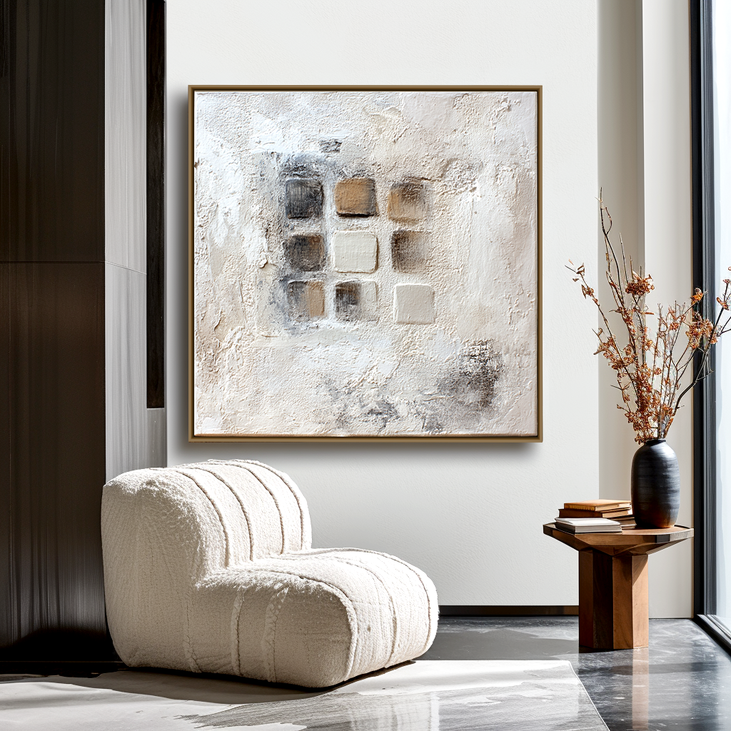 Neutral Square Textured Wall Art – Modern Abstract Canvas Painting