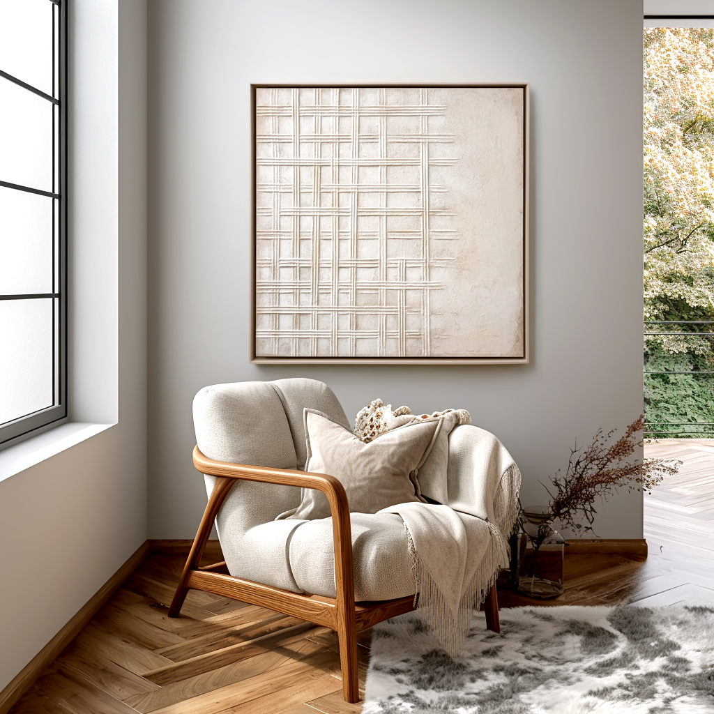 Neutral Textured Wall Art – Modern Abstract Canvas Painting with Cross Grid Design