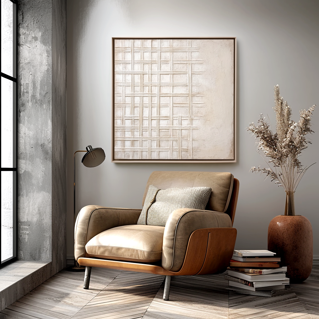 Neutral Textured Wall Art – Modern Abstract Canvas Painting with Cross Grid Design