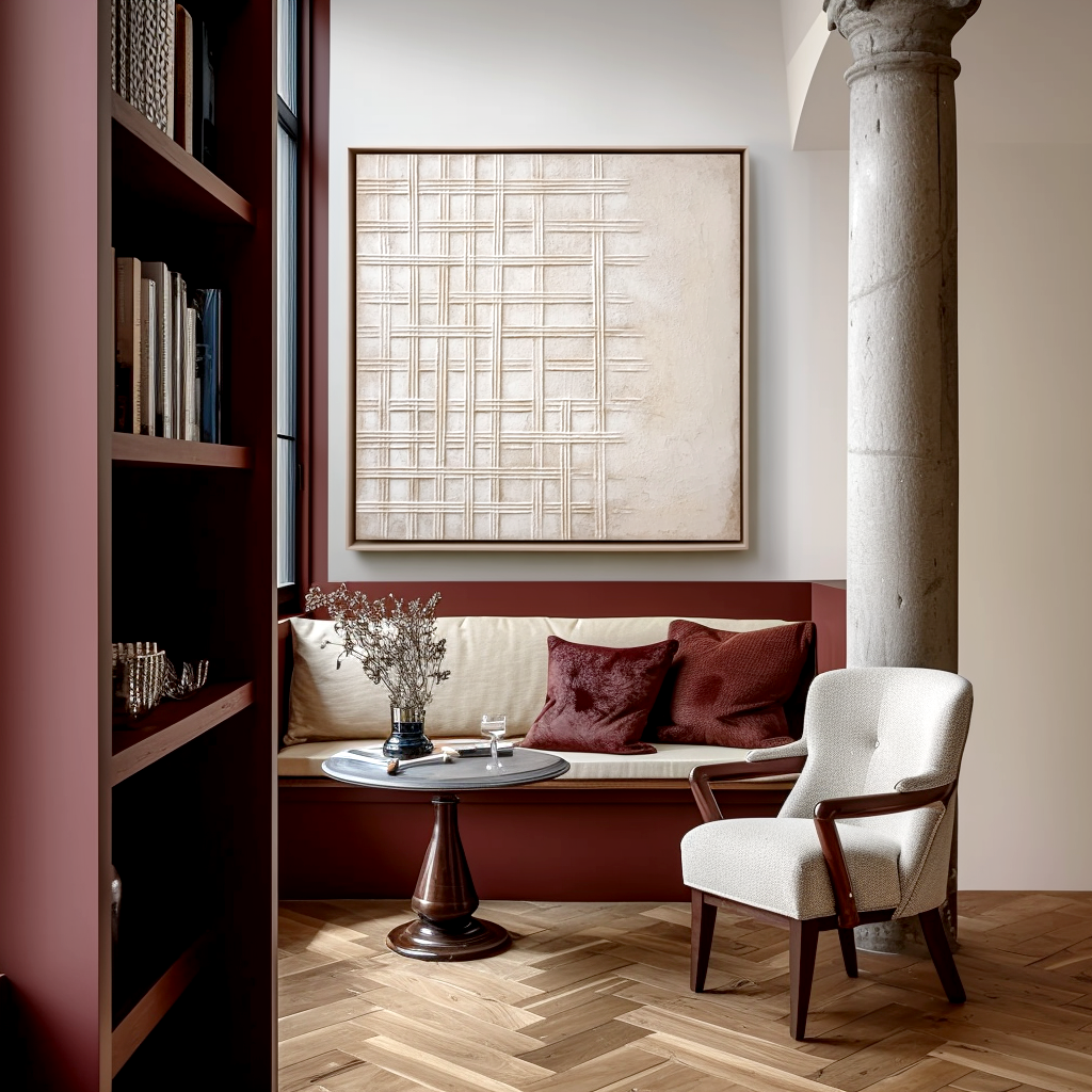 Neutral Textured Wall Art – Modern Abstract Canvas Painting with Cross Grid Design