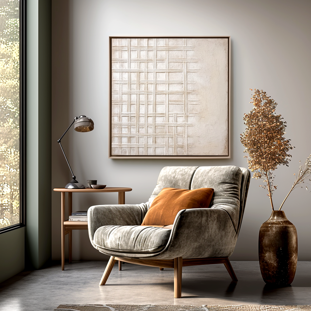 Neutral Textured Wall Art – Modern Abstract Canvas Painting with Cross Grid Design