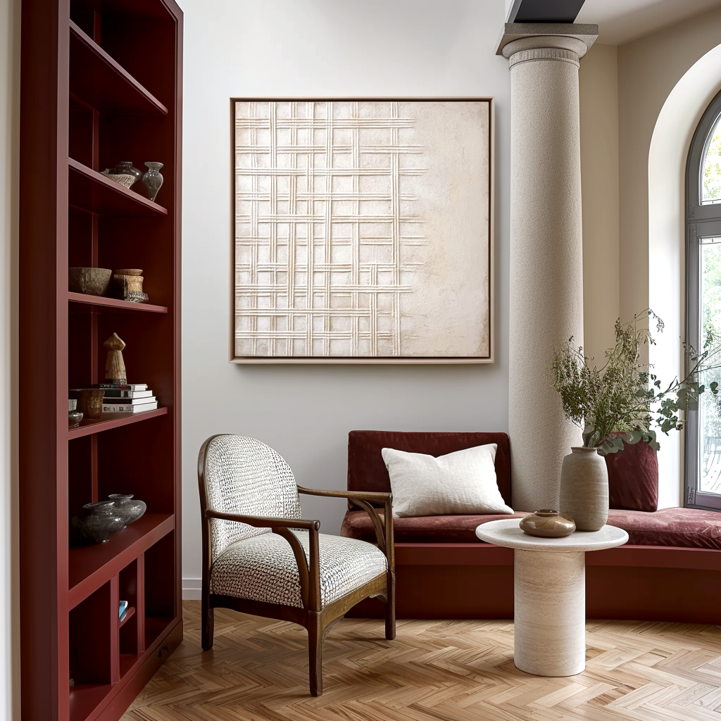 Neutral Textured Wall Art – Modern Abstract Canvas Painting with Cross Grid Design