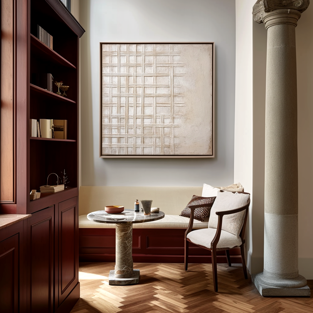 Neutral Textured Wall Art – Modern Abstract Canvas Painting with Cross Grid Design