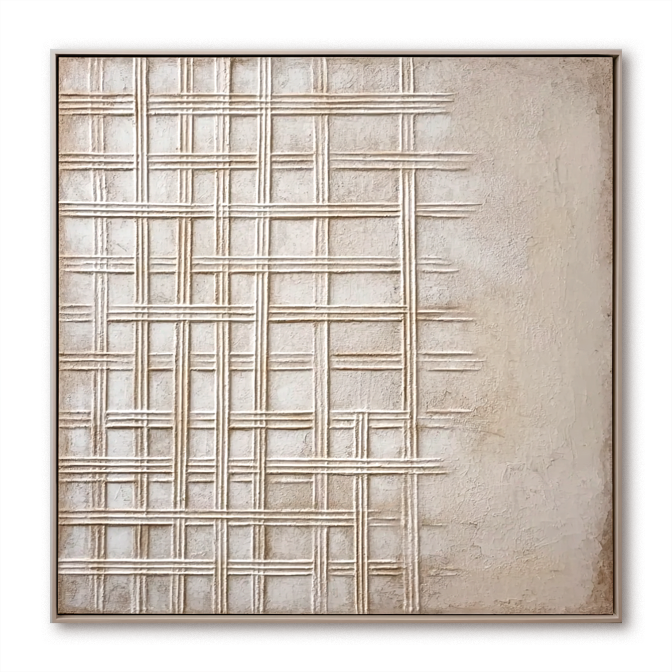 Neutral Textured Wall Art – Modern Abstract Canvas Painting with Cross Grid Design