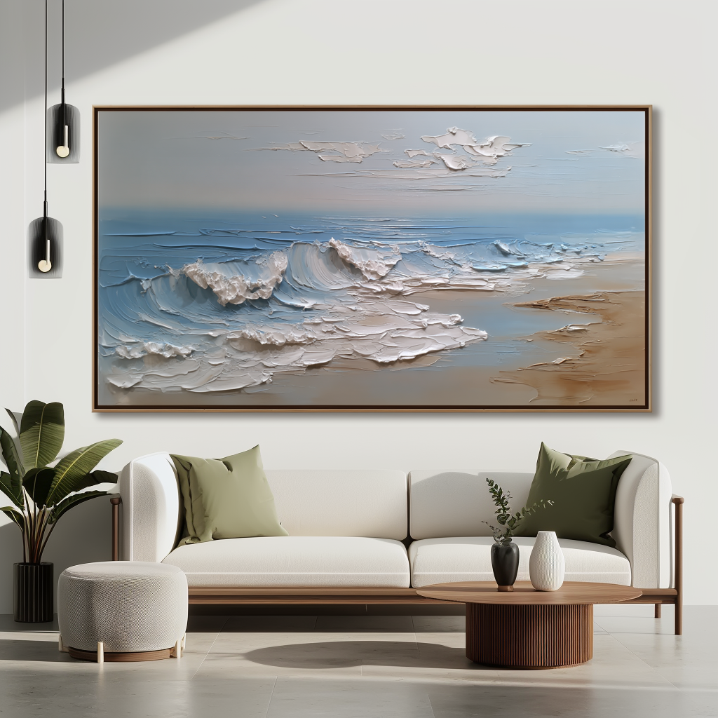 Modern coastal wall art with thick palette knife wave textures and serene ocean view.