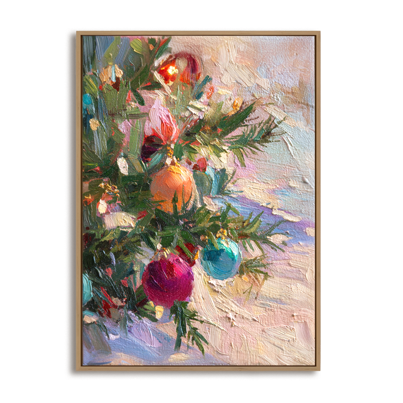 Ornaments of Joy - Christmas Tree Ornament Oil Painting, Festive Textured Canvas Wall Art