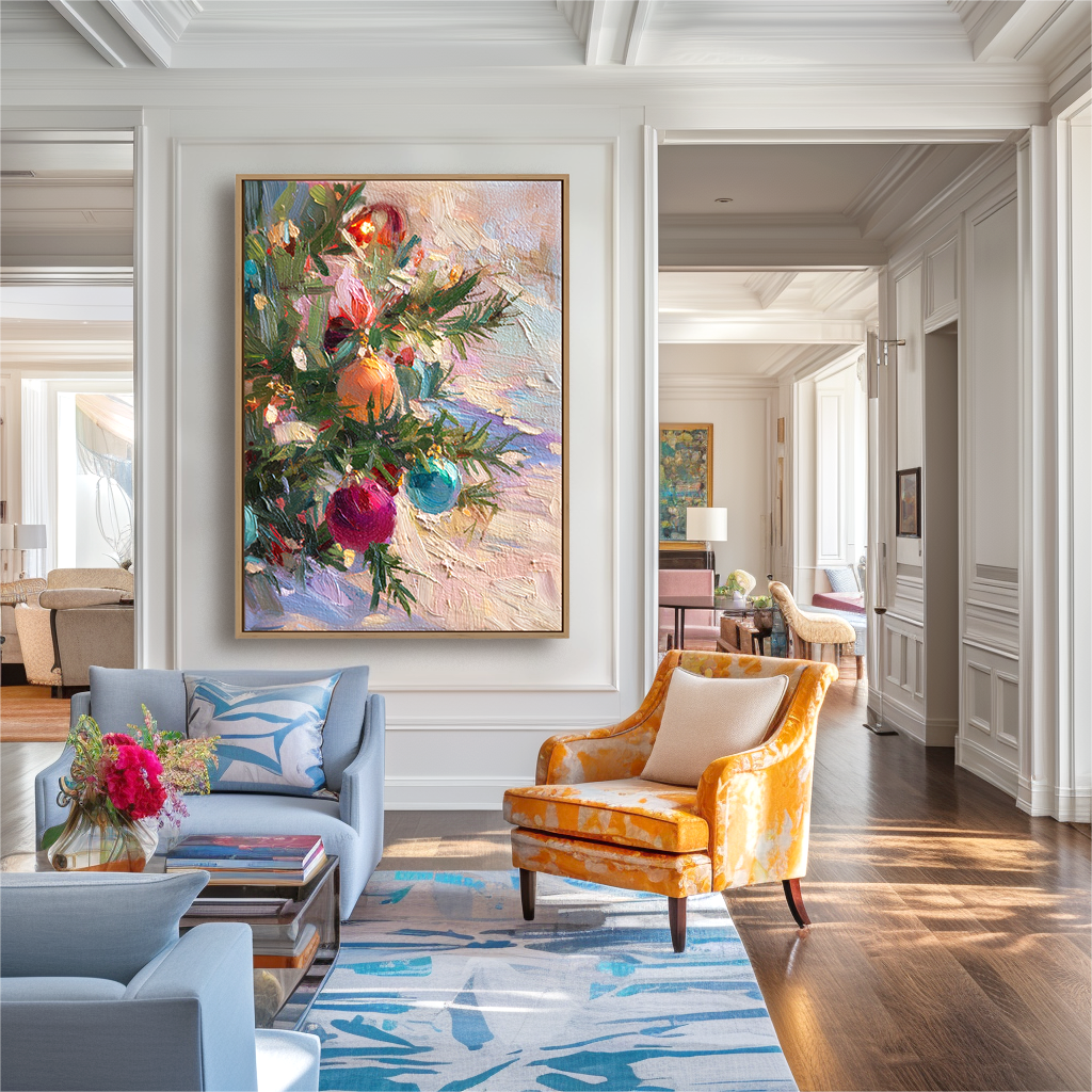 Ornaments of Joy - Christmas Tree Ornament Oil Painting, Festive Textured Canvas Wall Art