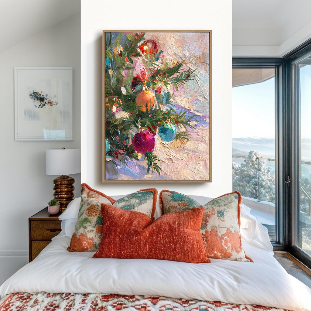 Ornaments of Joy - Christmas Tree Ornament Oil Painting, Festive Textured Canvas Wall Art