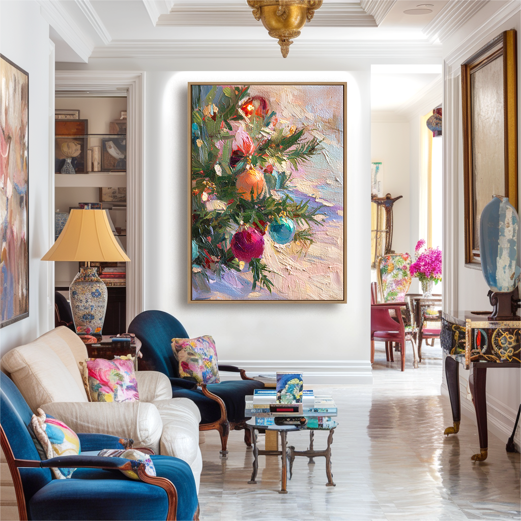 Ornaments of Joy - Christmas Tree Ornament Oil Painting, Festive Textured Canvas Wall Art