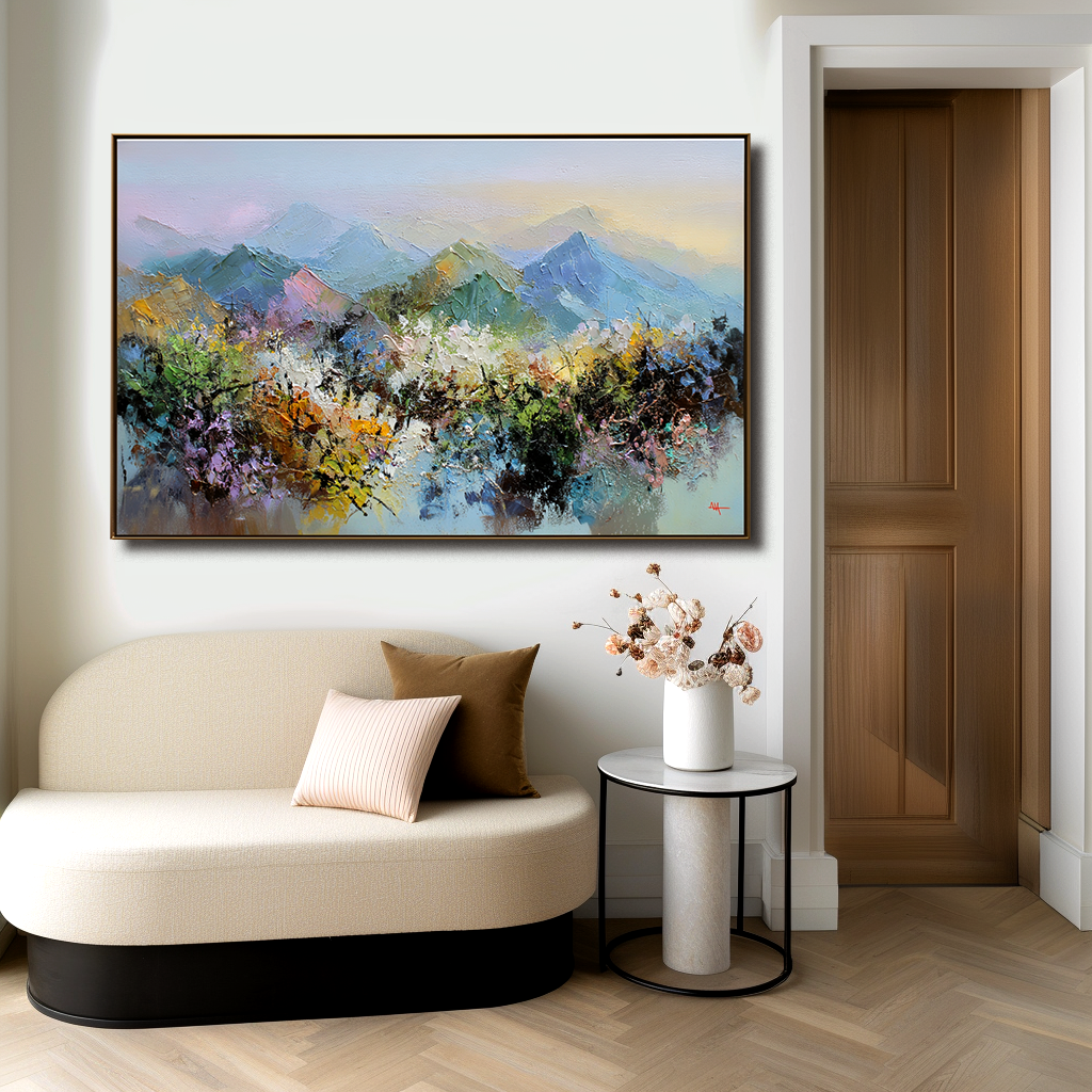 Pastel Horizons โ Abstract Mountain Landscape Canvas Impressionist Vibrant Scenic Art- Colorful Mountain Landscape Oil Painting for Home Decoration