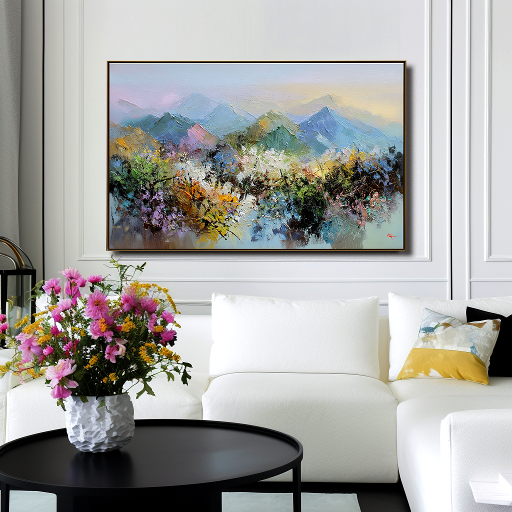 Pastel Horizons โ Abstract Mountain Landscape Canvas Impressionist Vibrant Scenic Art- Colorful Mountain Landscape Oil Painting for Home Decoration