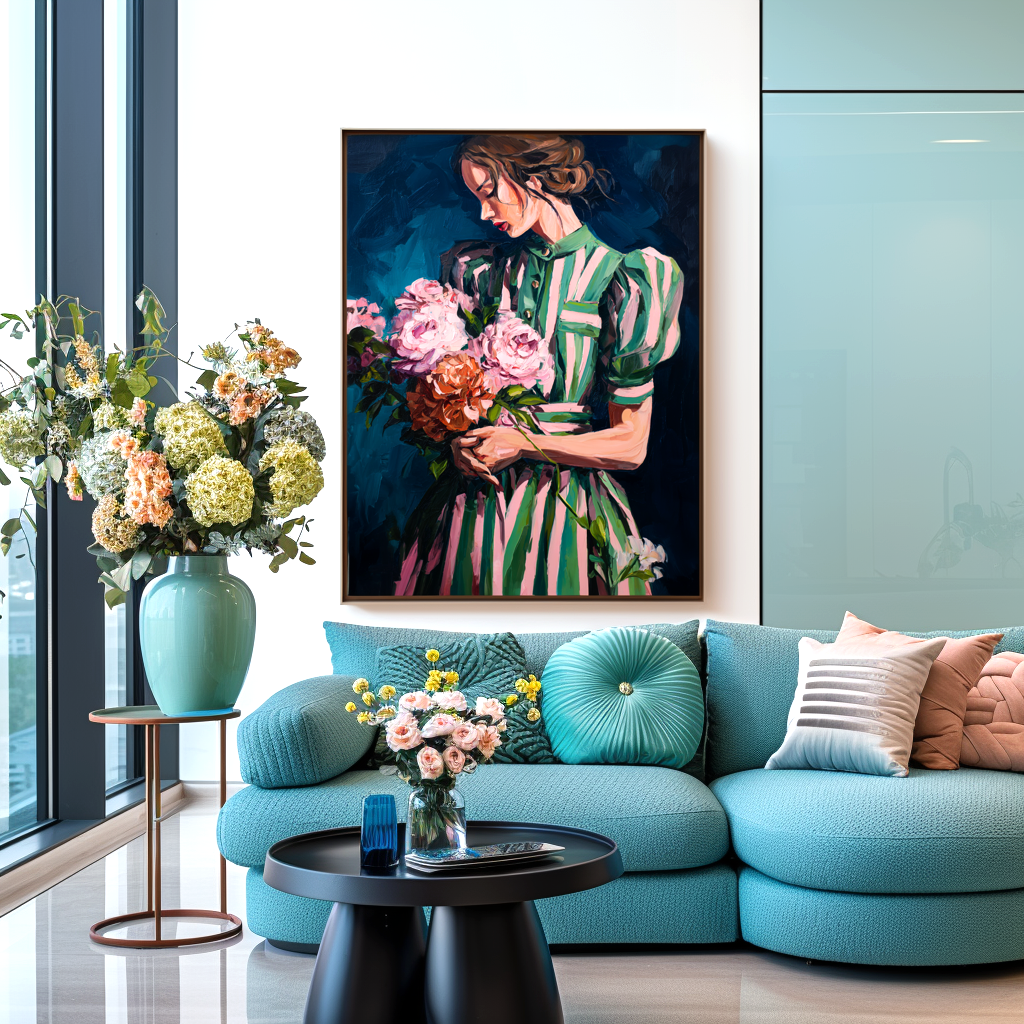 Petal Whisper – Figurative Oil Painting of Woman in Green Dress with Flowers