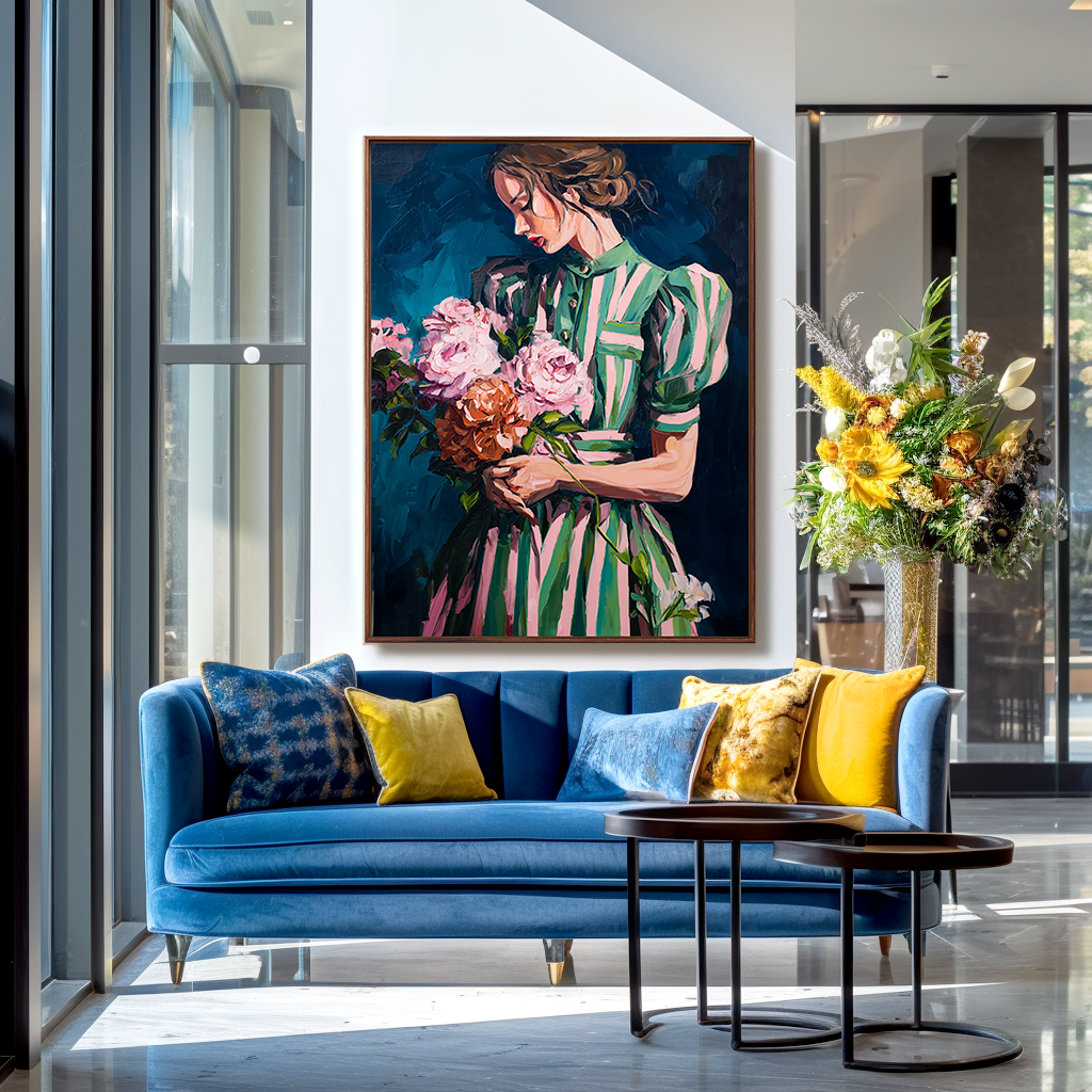 Petal Whisper – Figurative Oil Painting of Woman in Green Dress with Flowers