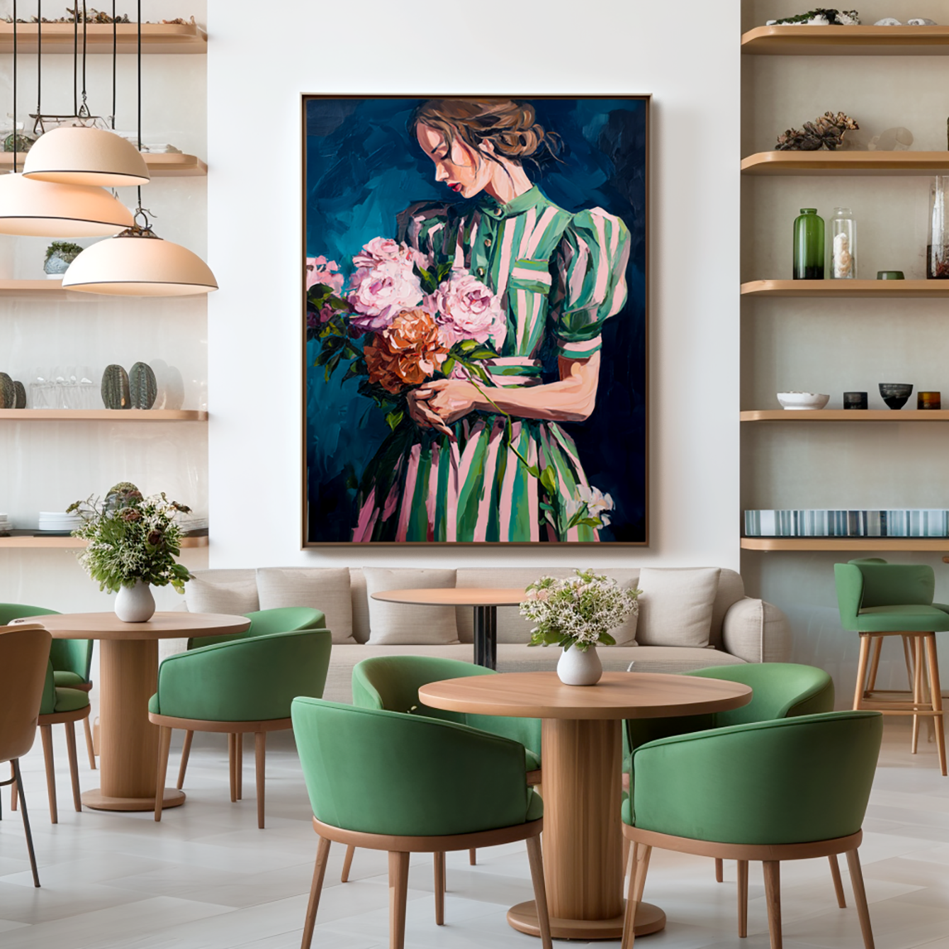 Petal Whisper – Figurative Oil Painting of Woman in Green Dress with Flowers