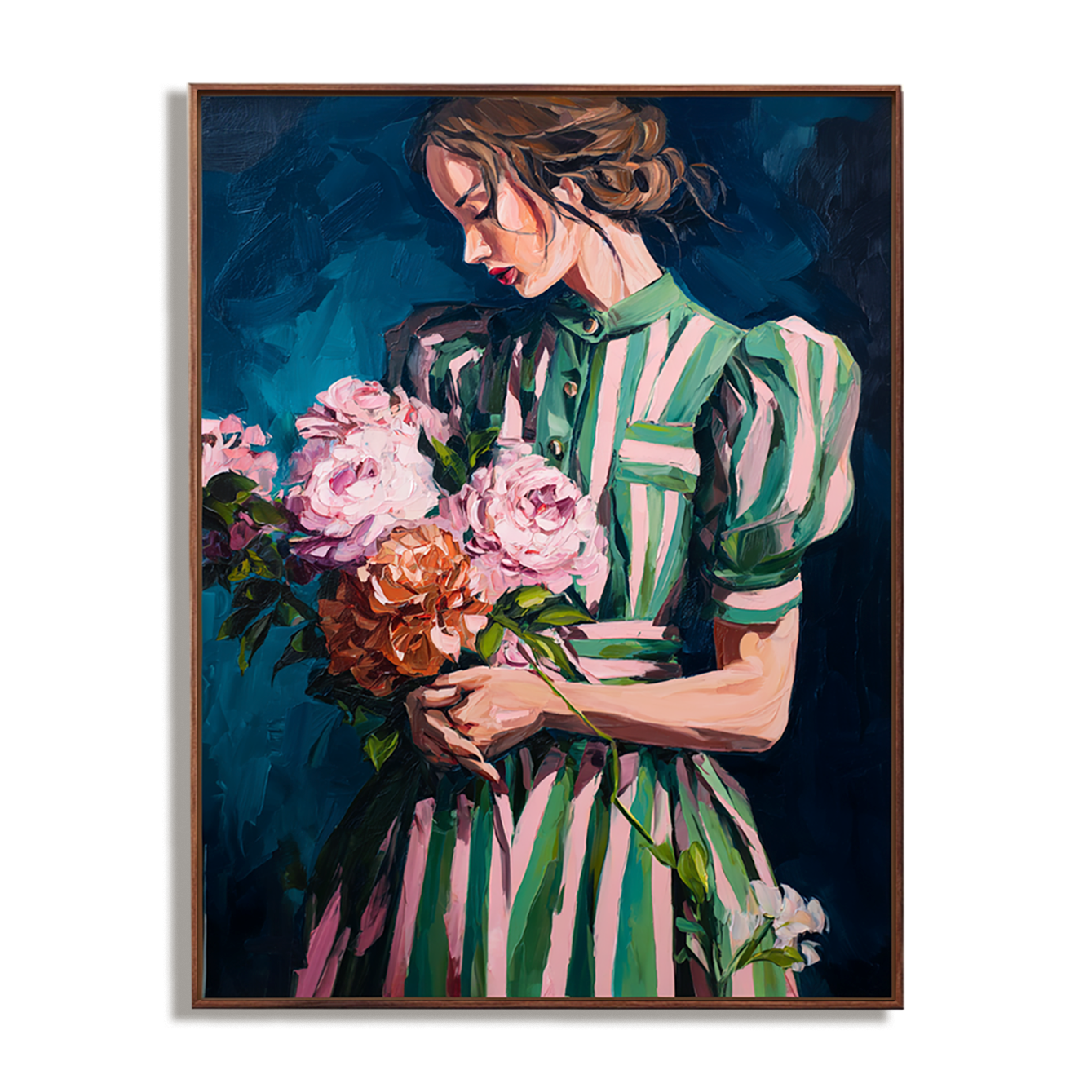 Petal Whisper – Figurative Oil Painting of Woman in Green Dress with Flowers